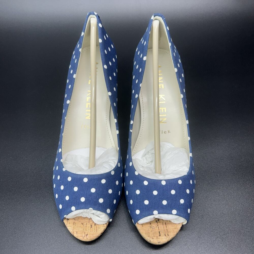 New Anne Klein Womens 8.5M Blue White Polka Dot Peep-Toe Cork Block Heels Megan2 - Picture 2 of 9